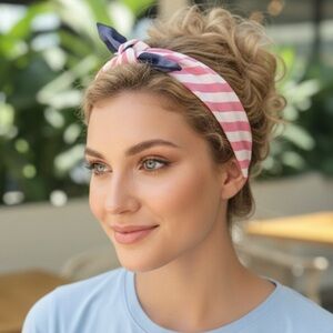 ✨NEW Pink and White Striped Headband with Navy Bow